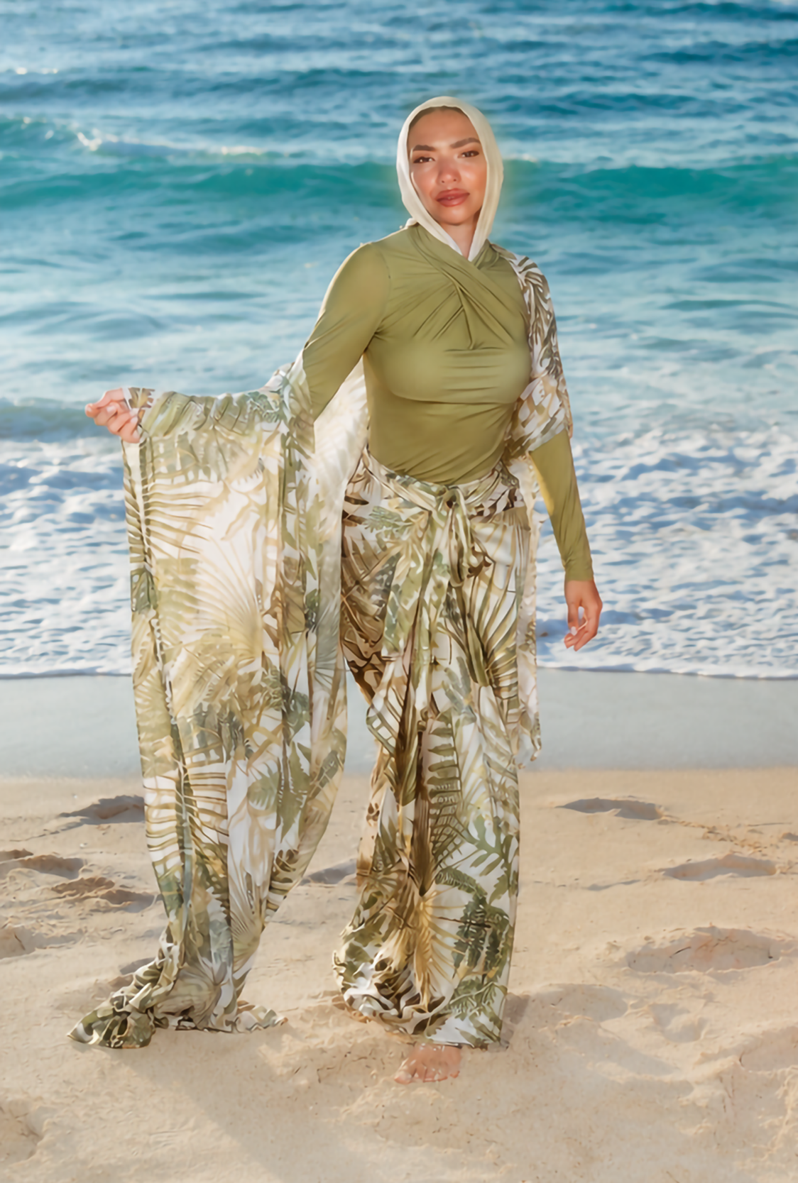 Tropical Palm Modest Swimsuit Set, Cover Up & Kaftan Bundle – Olive Green & White