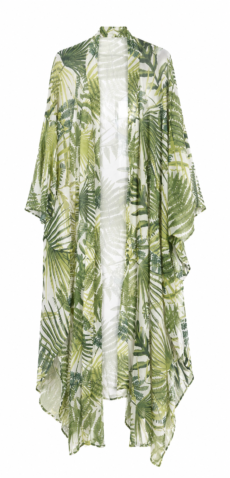 Tropical Leaf Kimono Beach Kaftan – White & Green