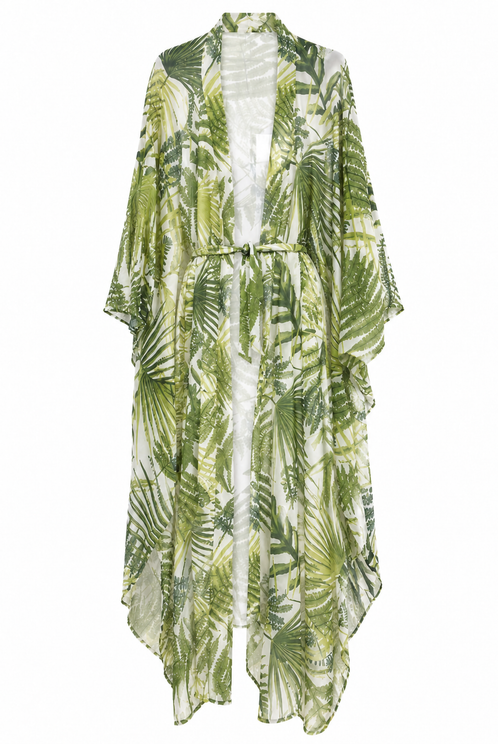 Tropical Leaf Kimono Beach Kaftan – White & Green