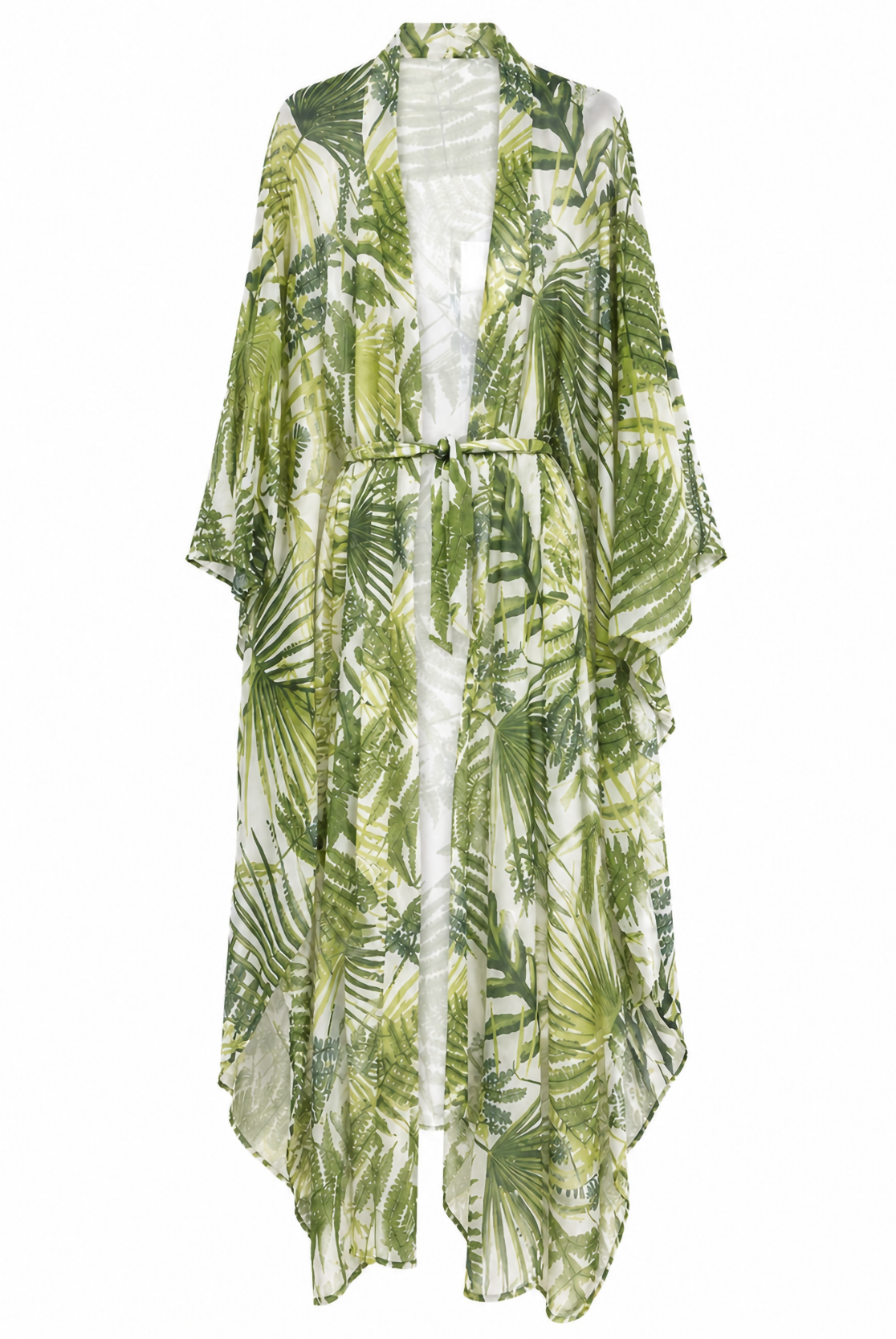 Tropical Leaf Kimono Beach Kaftan – White & Green