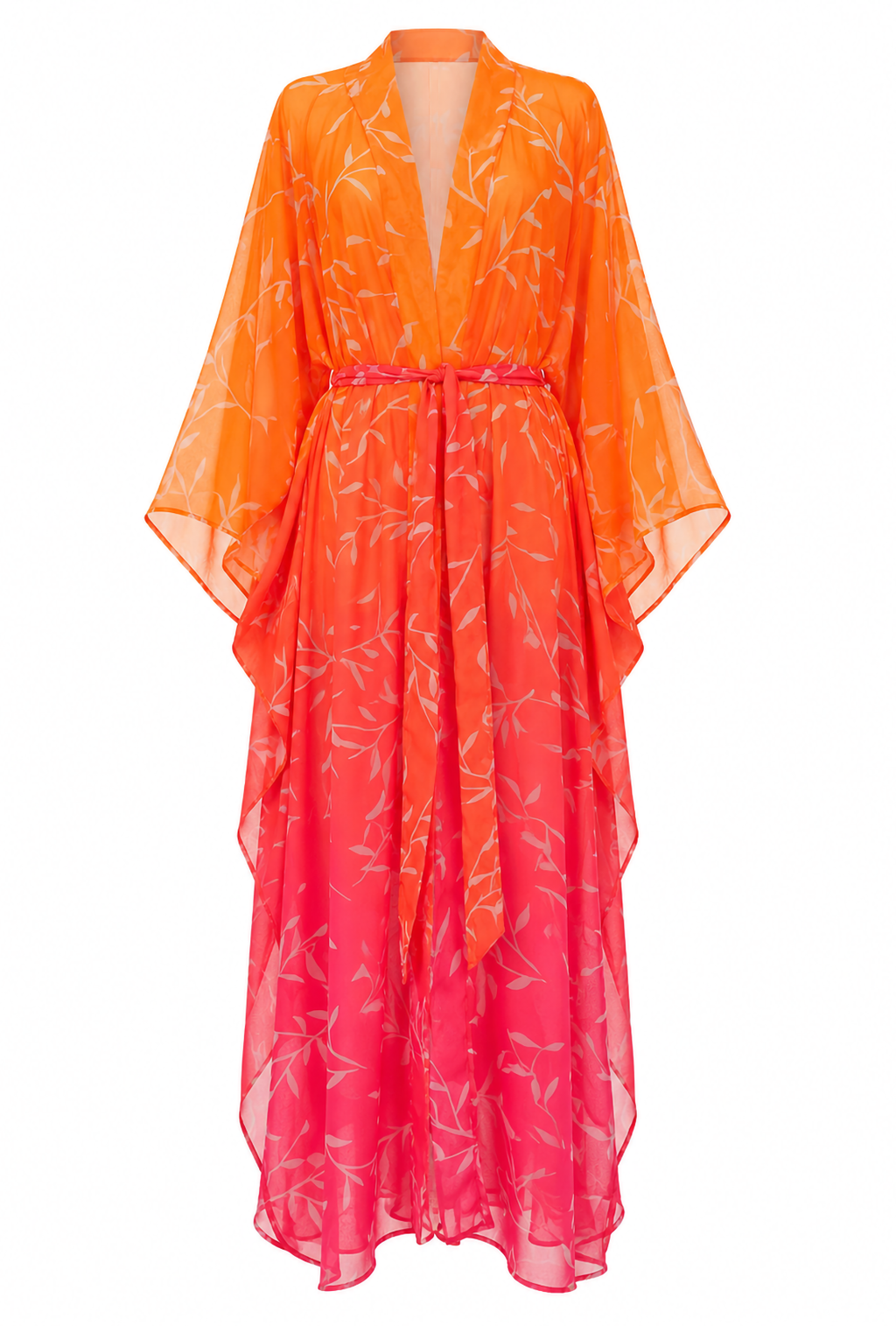 Leaf Print Kimono Beach Kaftan – Orange & Hot Pink Ombre
