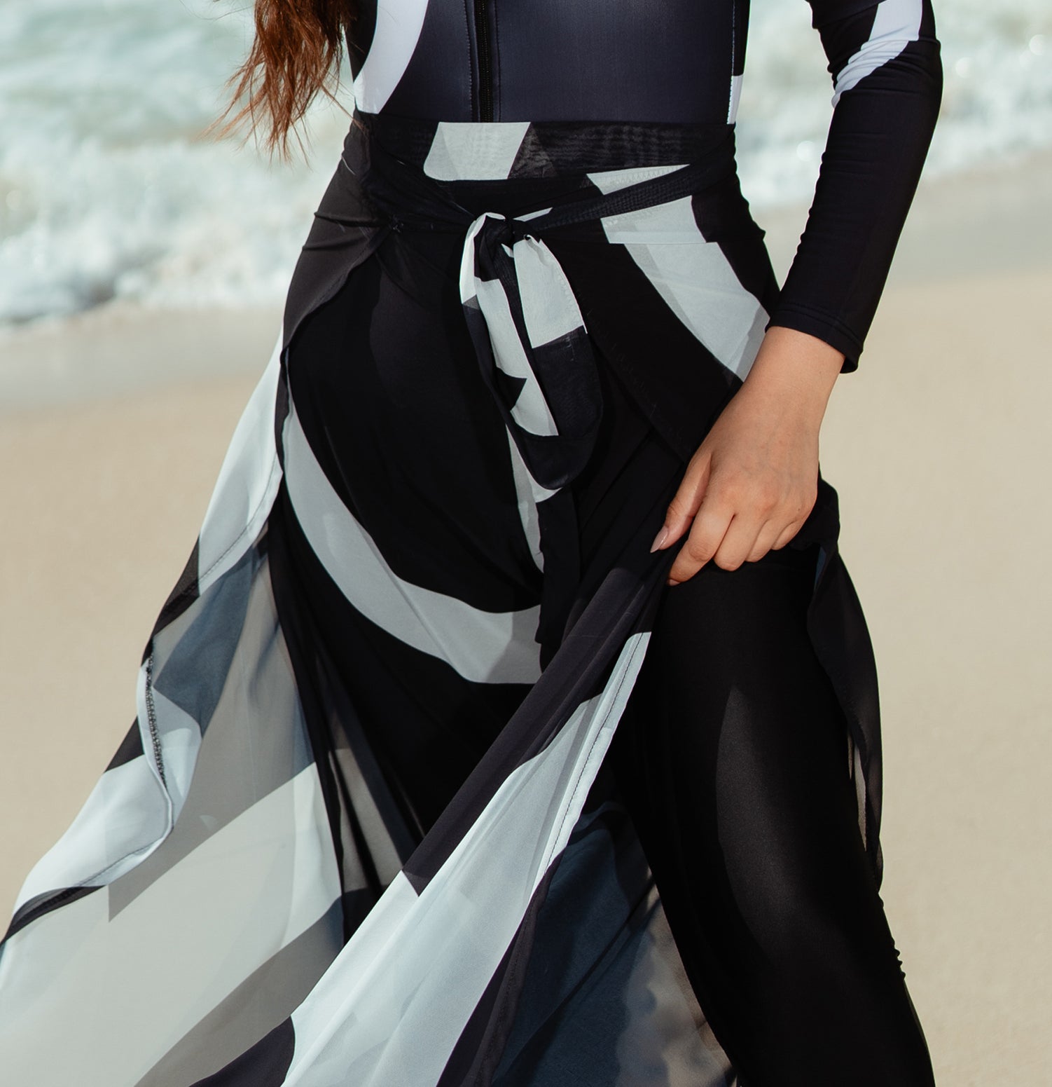 Wide-Leg Wrap Cover-Up Pants – Black & White Geometric