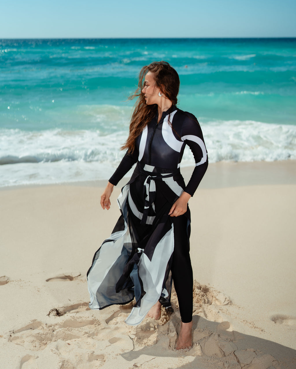 Wide-Leg Wrap Cover-Up Pants – Black & White Geometric