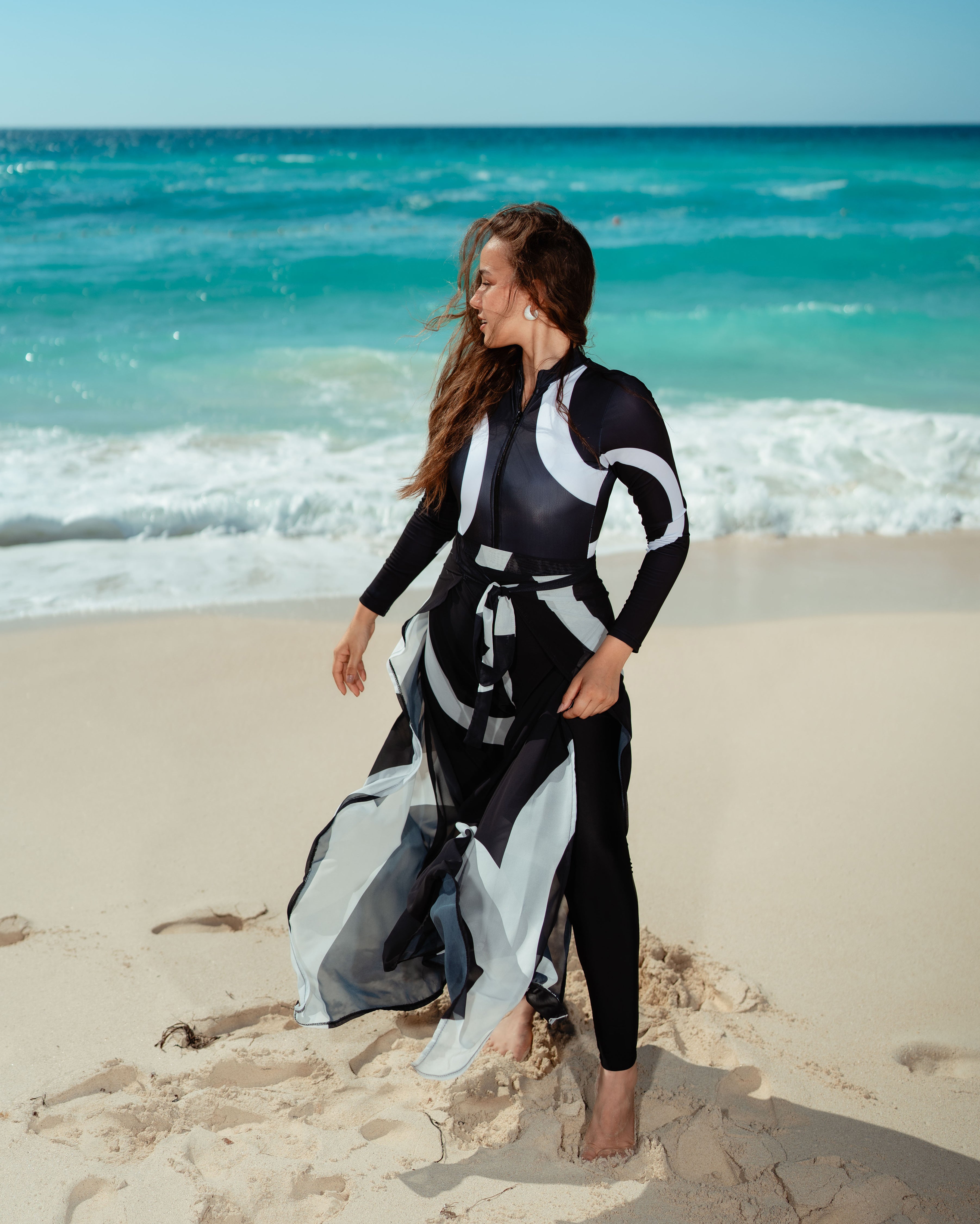 Wide-Leg Wrap Cover-Up Pants – Black & White Geometric
