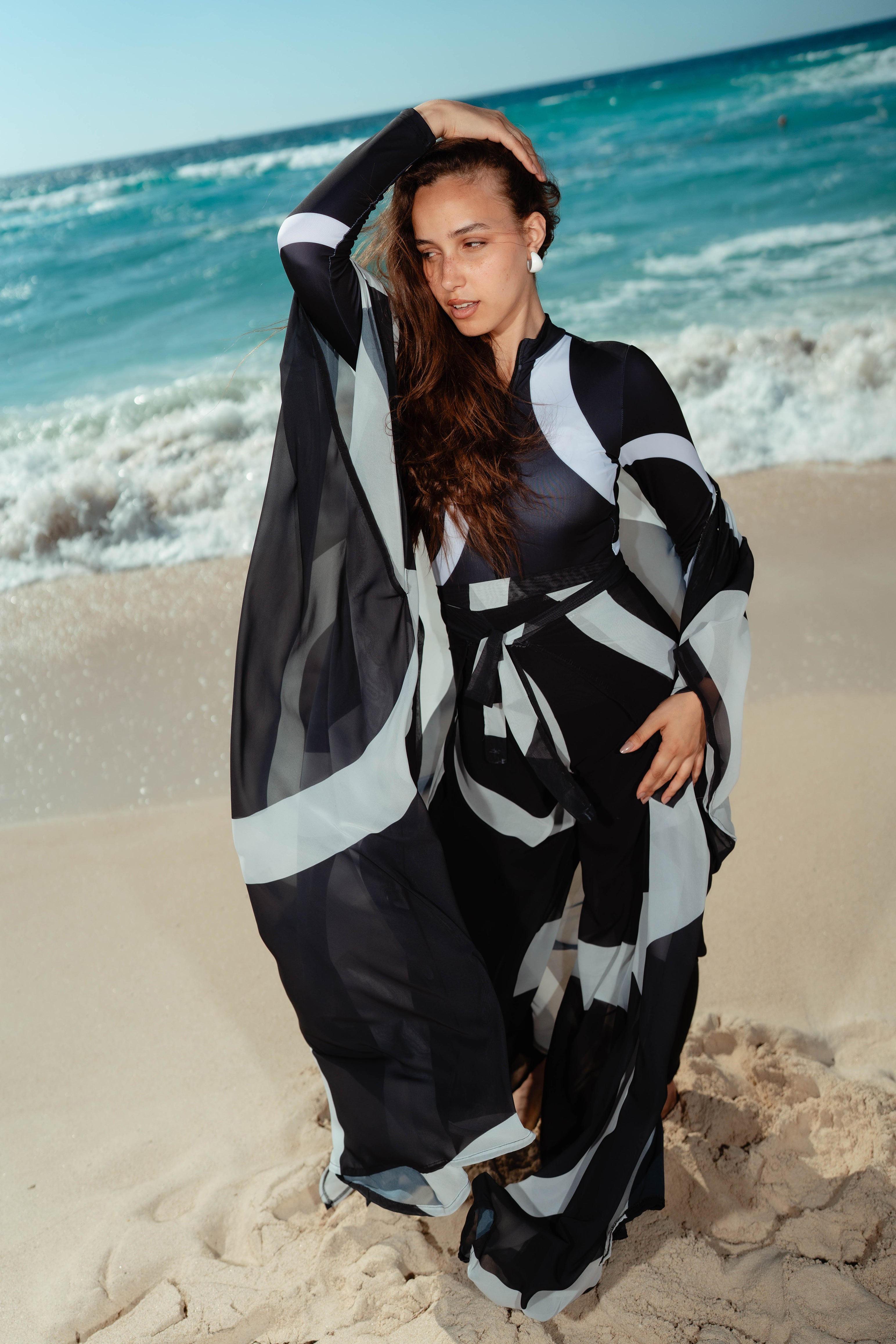 Abstract Geometric Swimwear & Cover-Up Bundle – Black & White