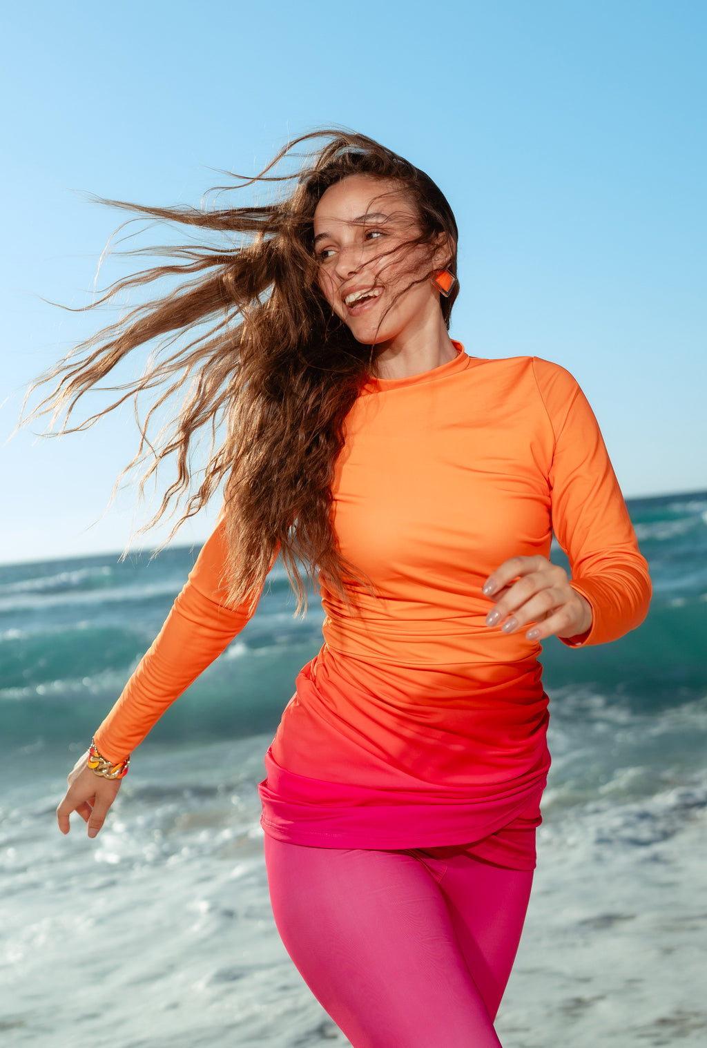 Ombre Ruched Modest Swimsuit Set – Orange & Pink