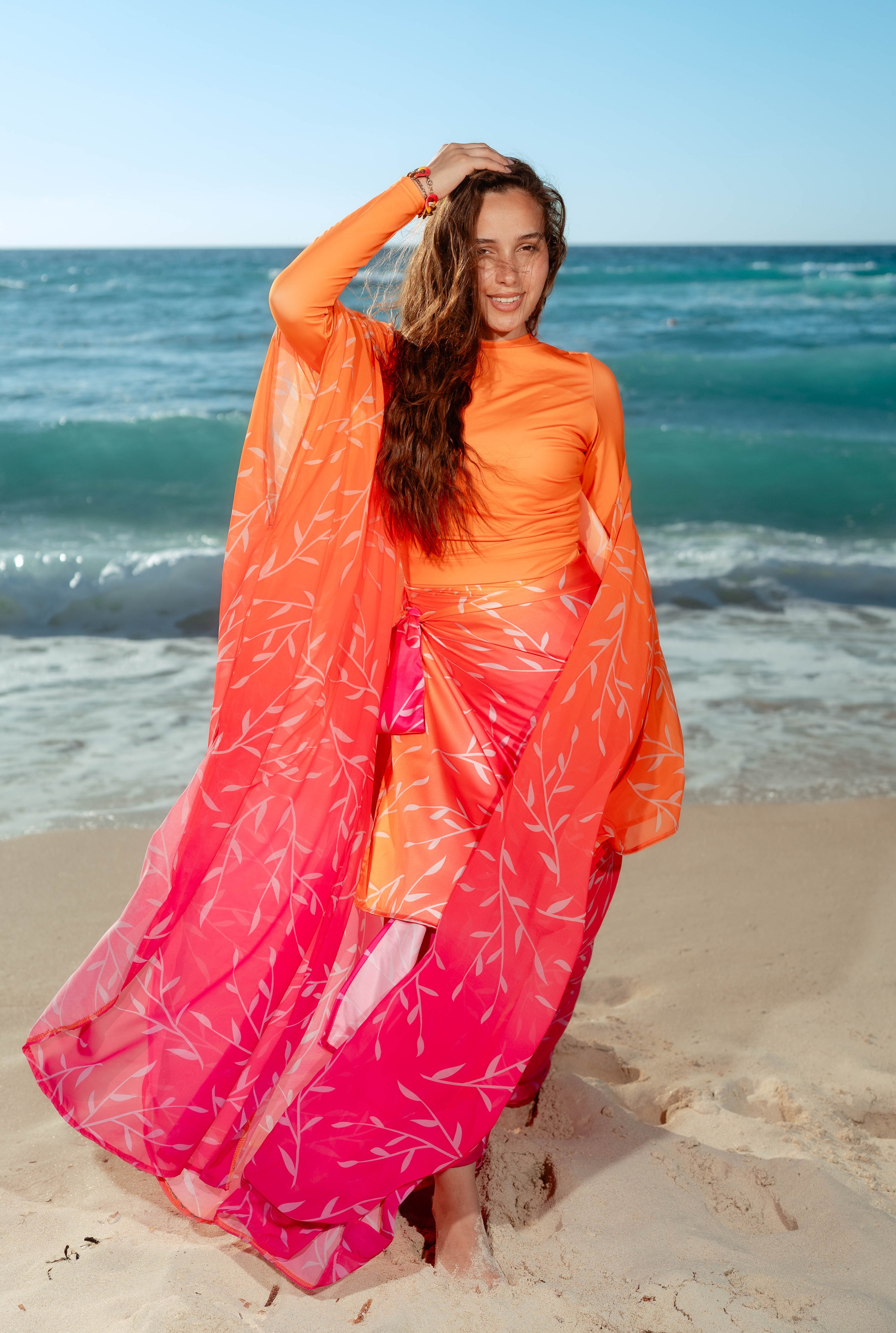Leaf Print Kimono Beach Kaftan – Orange & Hot Pink Ombre