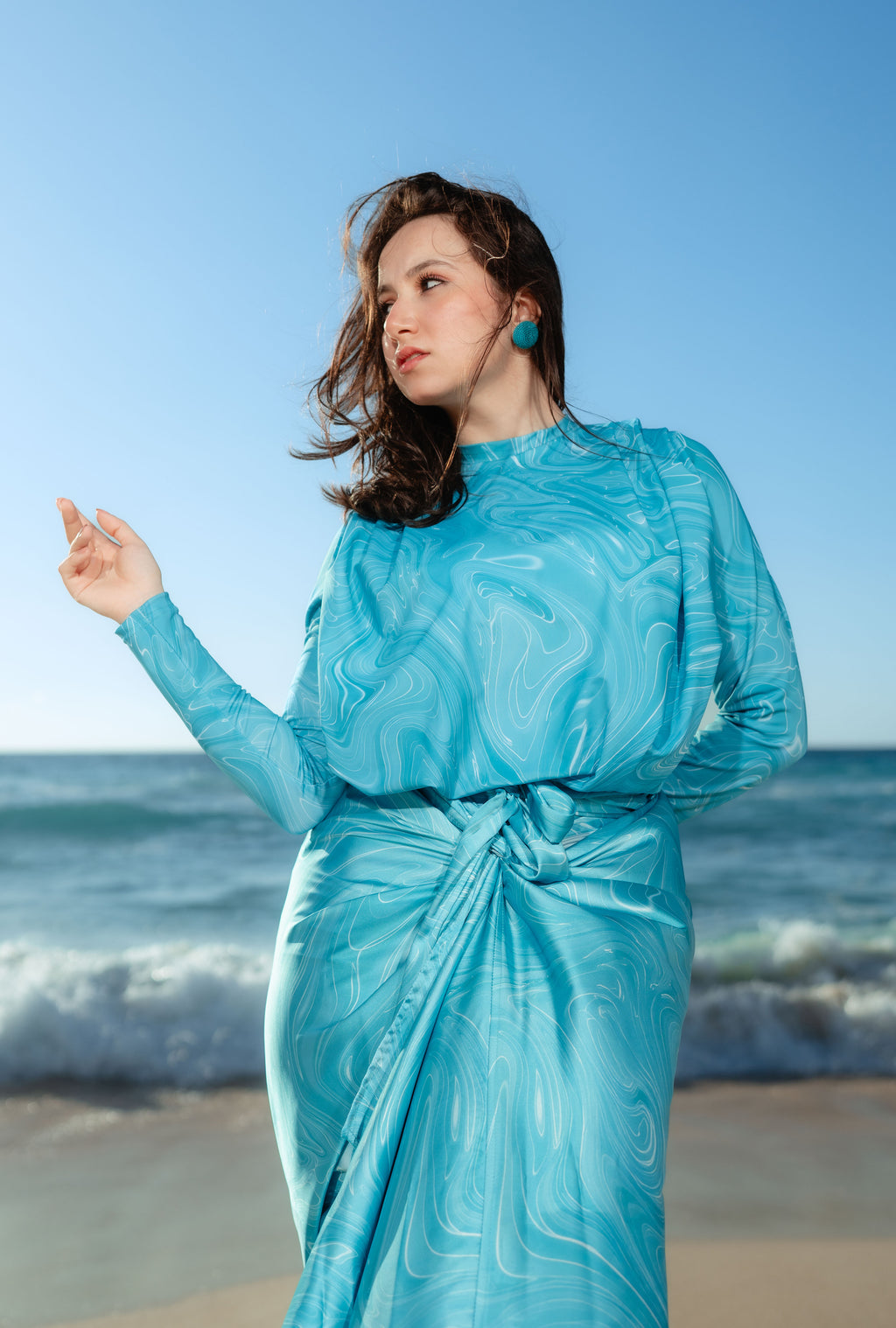 Marble Swirl Modest Swimsuit Set & Cover Up Bundle  – Turquoise