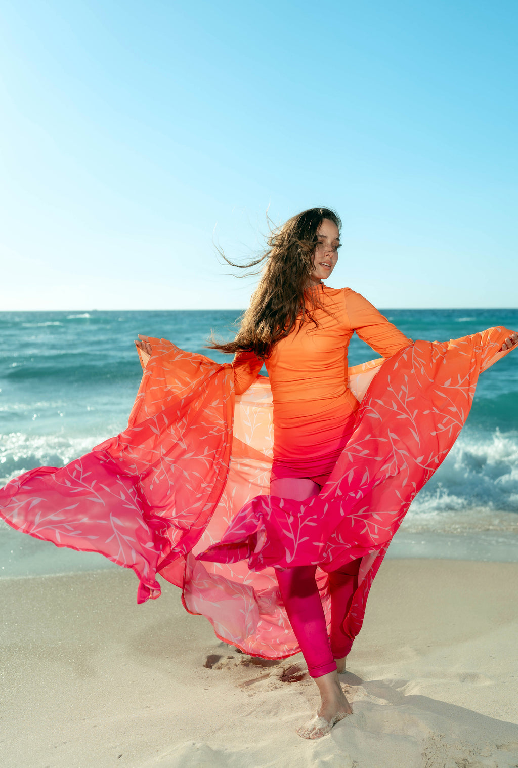Leaf Print Kimono Beach Kaftan – Orange & Hot Pink Ombre