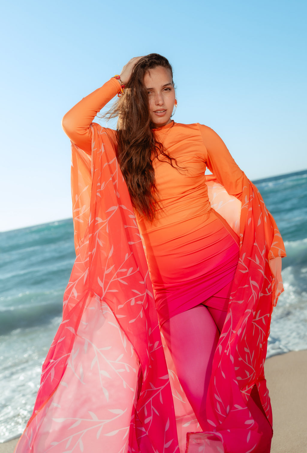 Leaf Print Kimono Beach Kaftan – Orange & Hot Pink Ombre