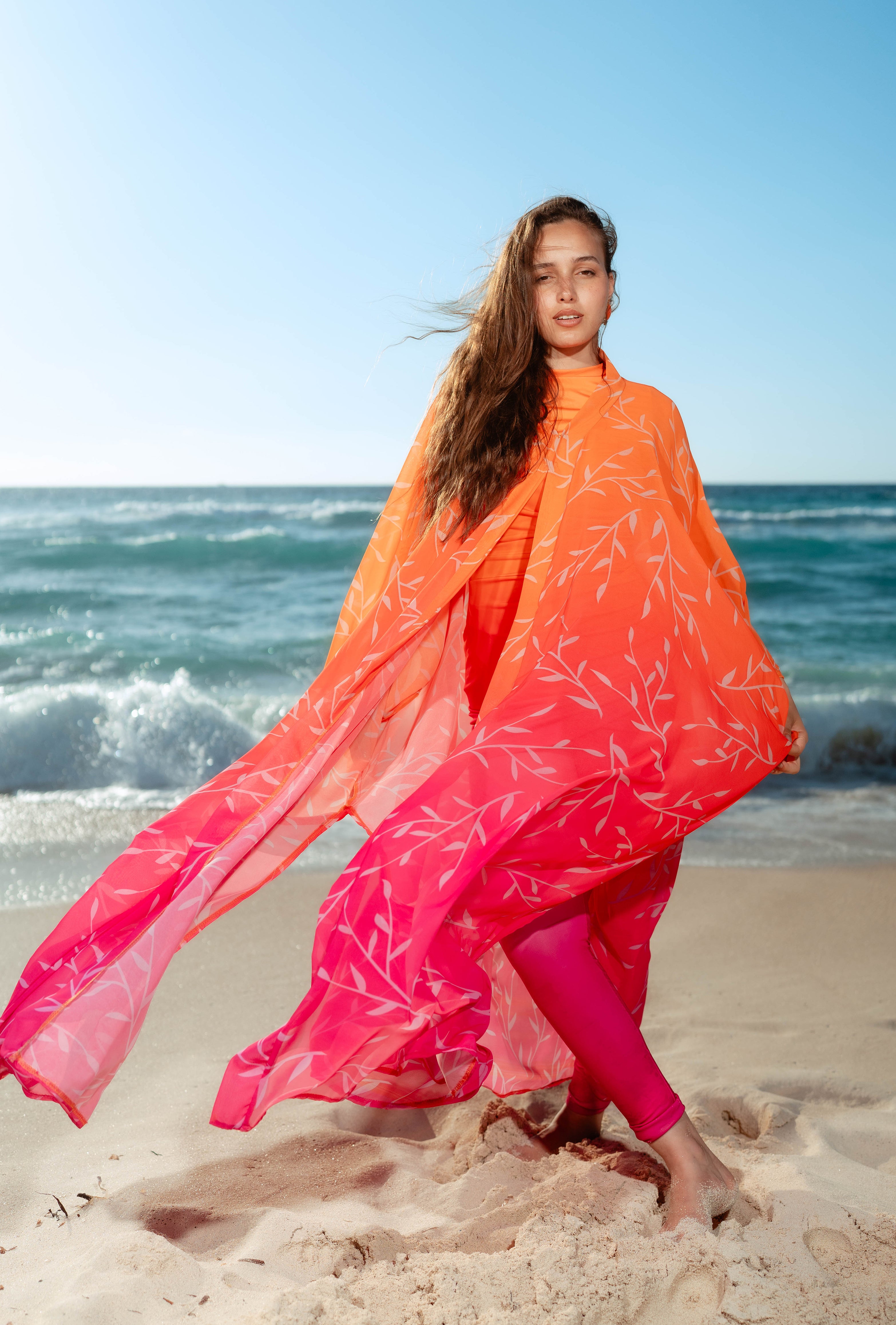 Leaf Print Kimono Beach Kaftan – Orange & Hot Pink Ombre
