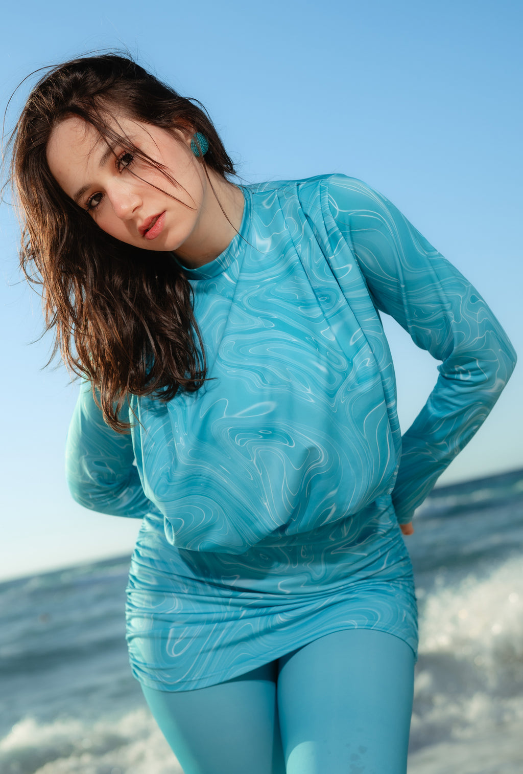 Marble Swirl Modest Swimsuit Set – Turquoise