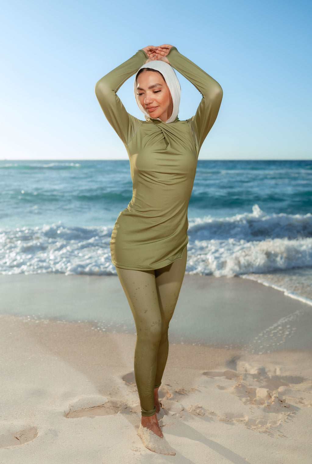 Crossover Neck Modest Swimsuit Set – Olive Green