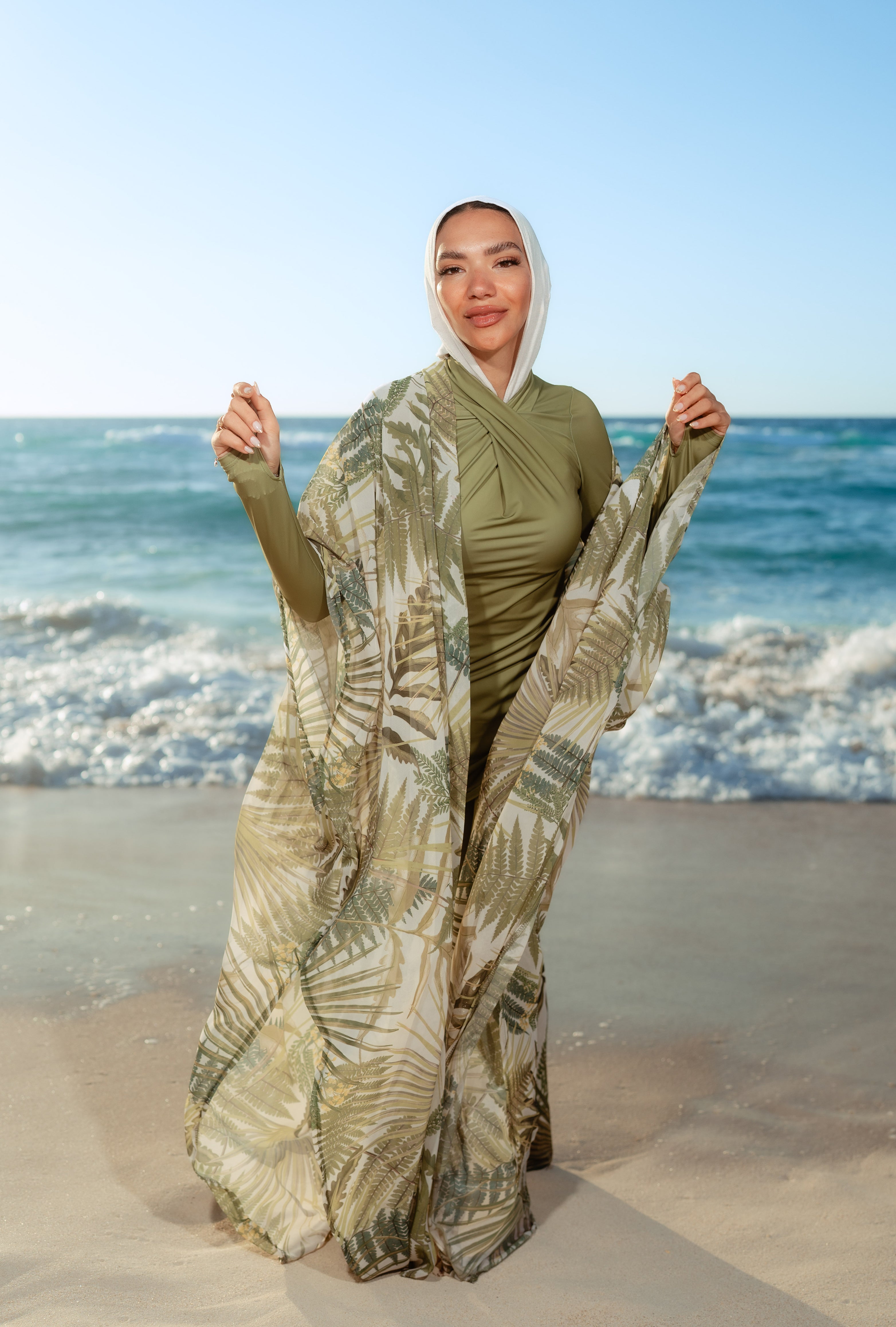 Tropical Palm Modest Swimsuit Set, Cover Up & Kaftan Bundle – Olive Green & White