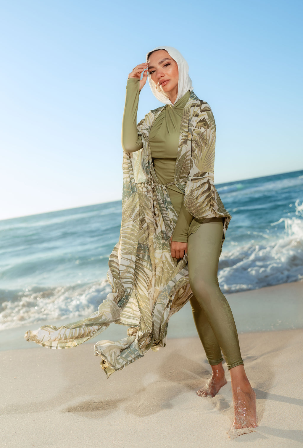 Tropical Leaf Kimono Beach Kaftan – White & Green