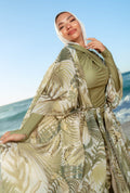 Tropical Leaf Kimono Beach Kaftan – White & Green
