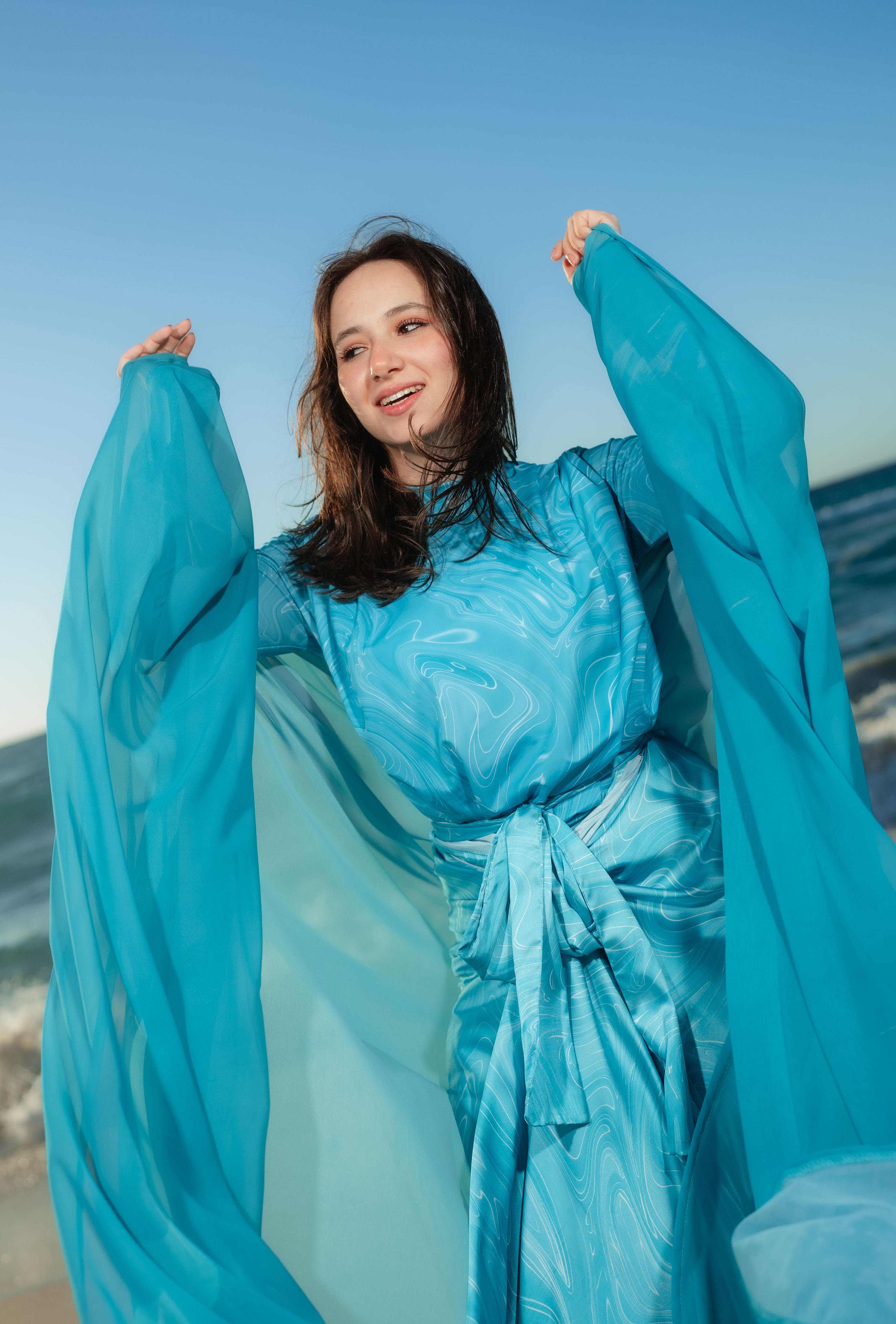 Marble Swirl Modest Swimsuit Set , Cover Up & Kaftan – Turquoise