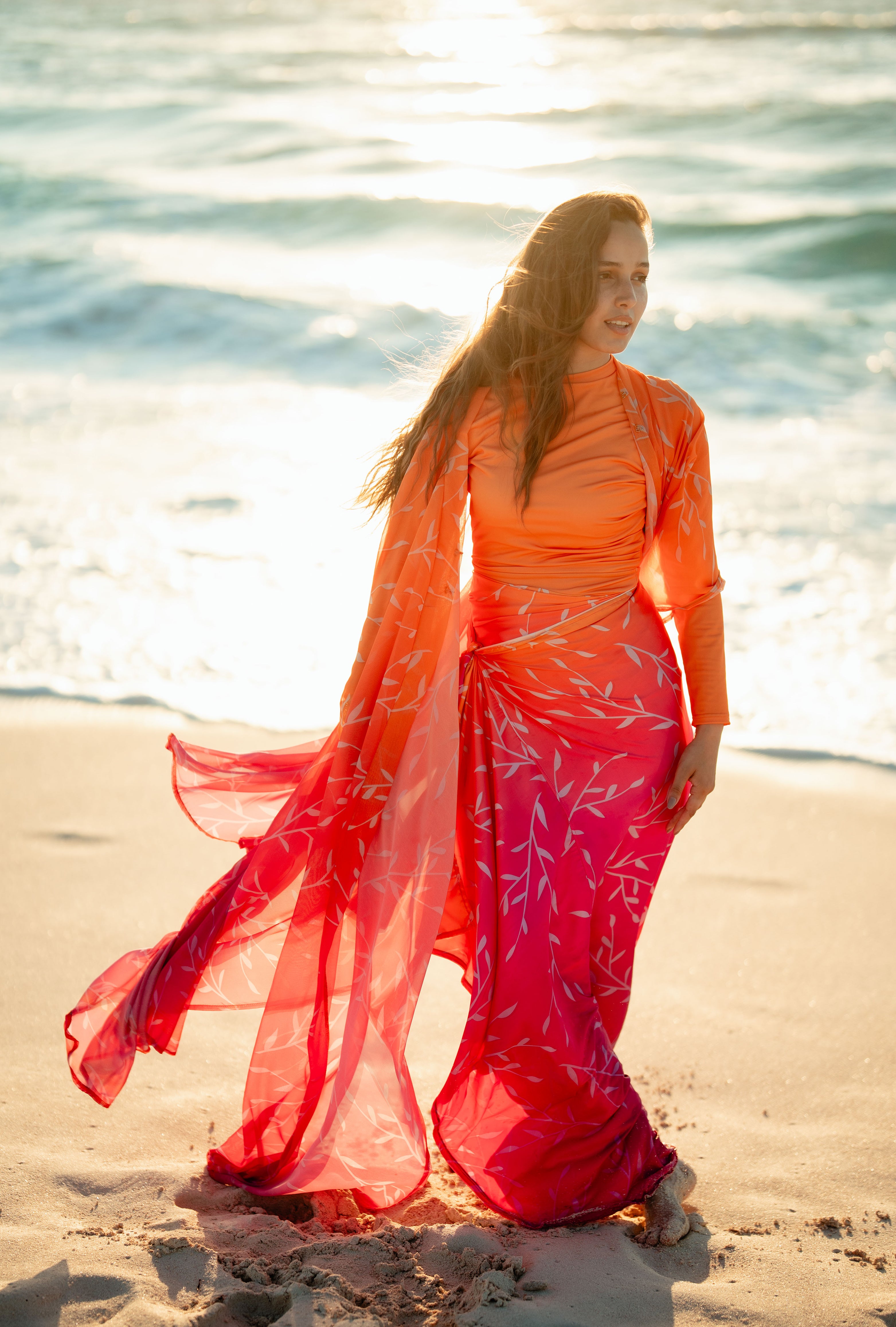 Ombre Ruched Modest Swimsuit Set , Cover Up & Kaftan Bundle– Orange & Pink