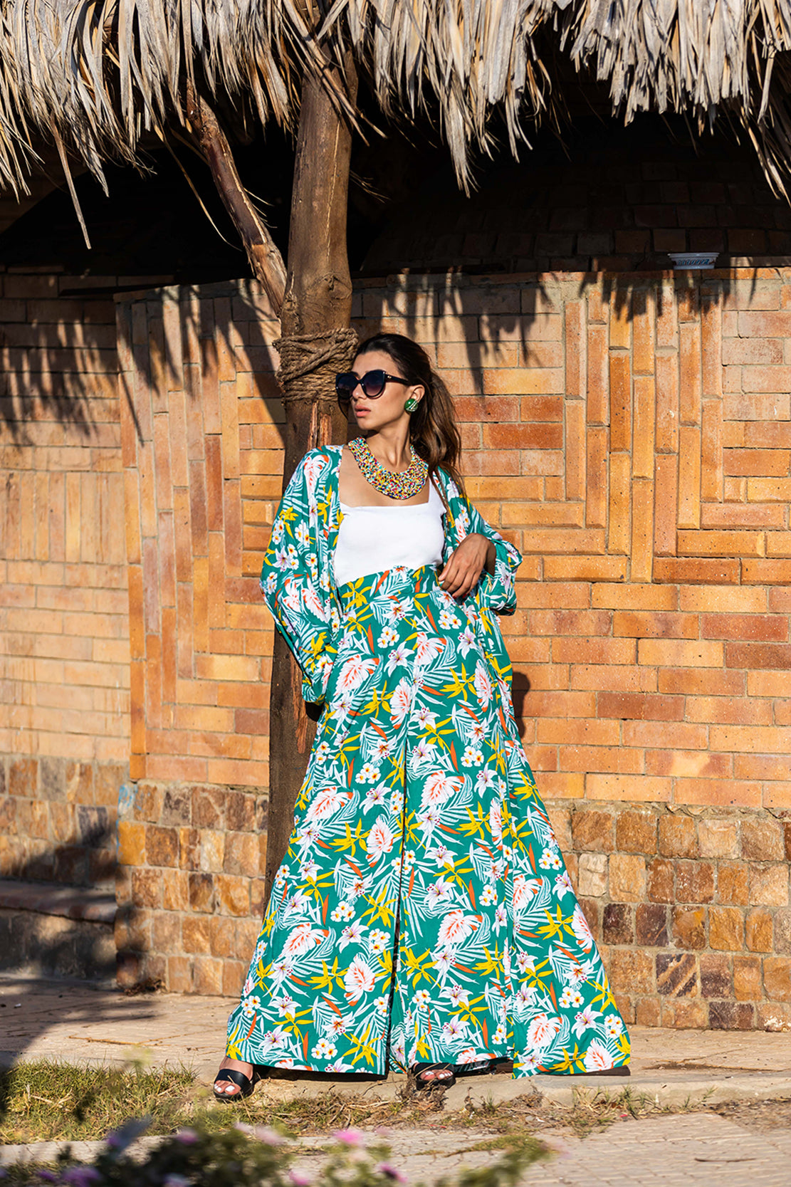 Tropical Floral Wide-Leg Pants & Kimono Cardigan Set