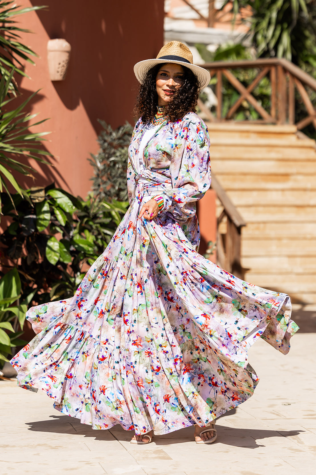 Watercolor Floral Tiered Maxi Skirt & Wrap Top Set