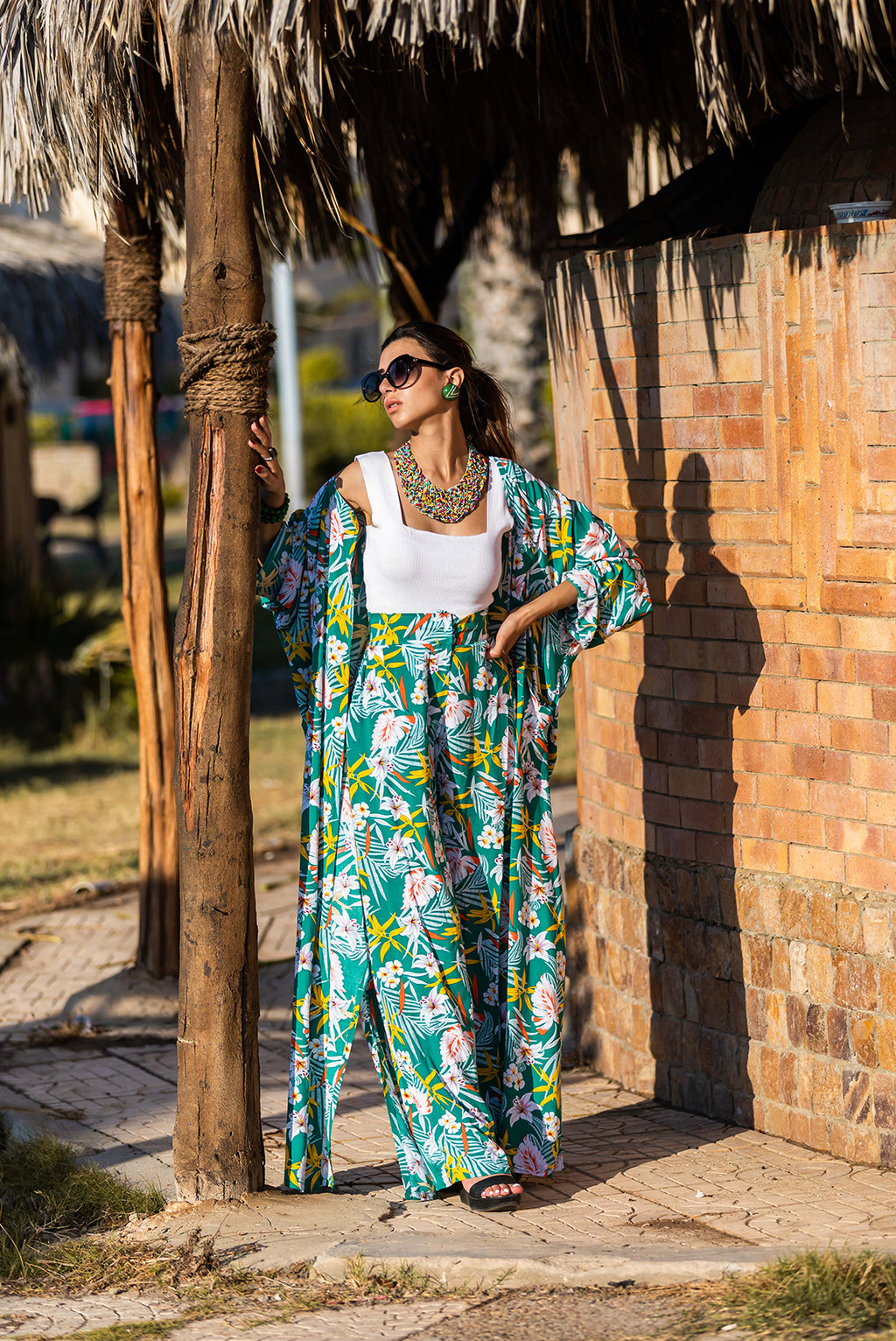 Tropical Floral Wide-Leg Pants & Kimono Cardigan Set
