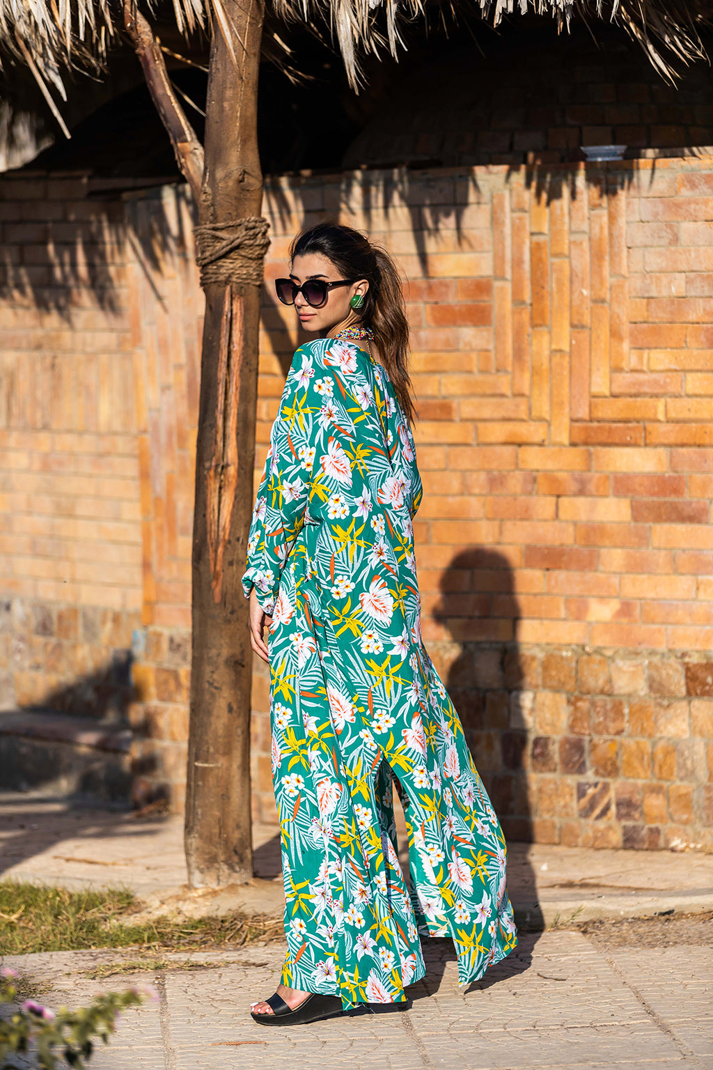 Tropical Floral Wide-Leg Pants & Kimono Cardigan Set