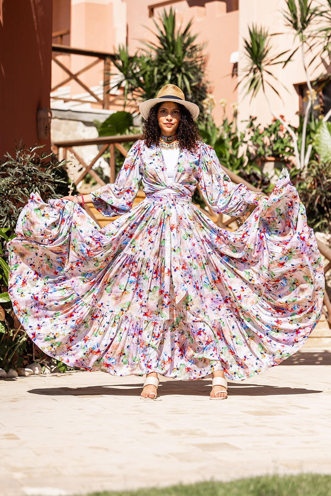 Watercolor Floral Tiered Maxi Skirt & Wrap Top Set