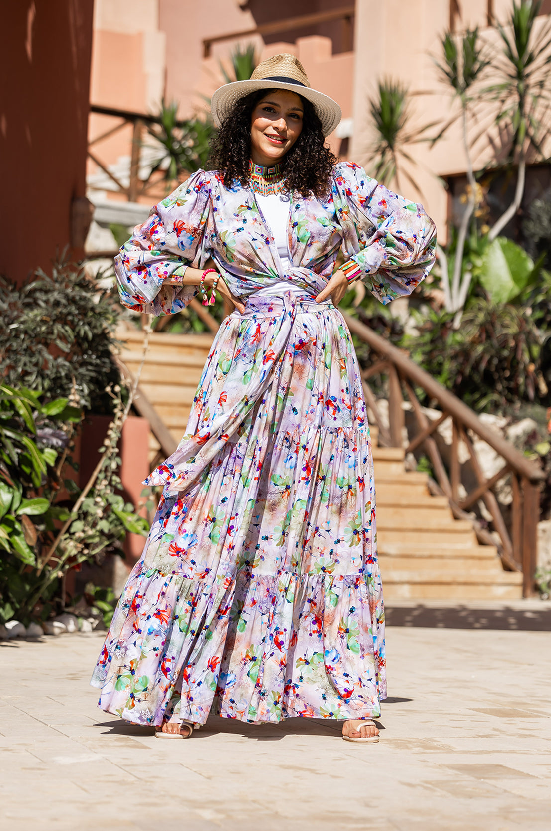 Watercolor Floral Tiered Maxi Skirt & Wrap Top Set