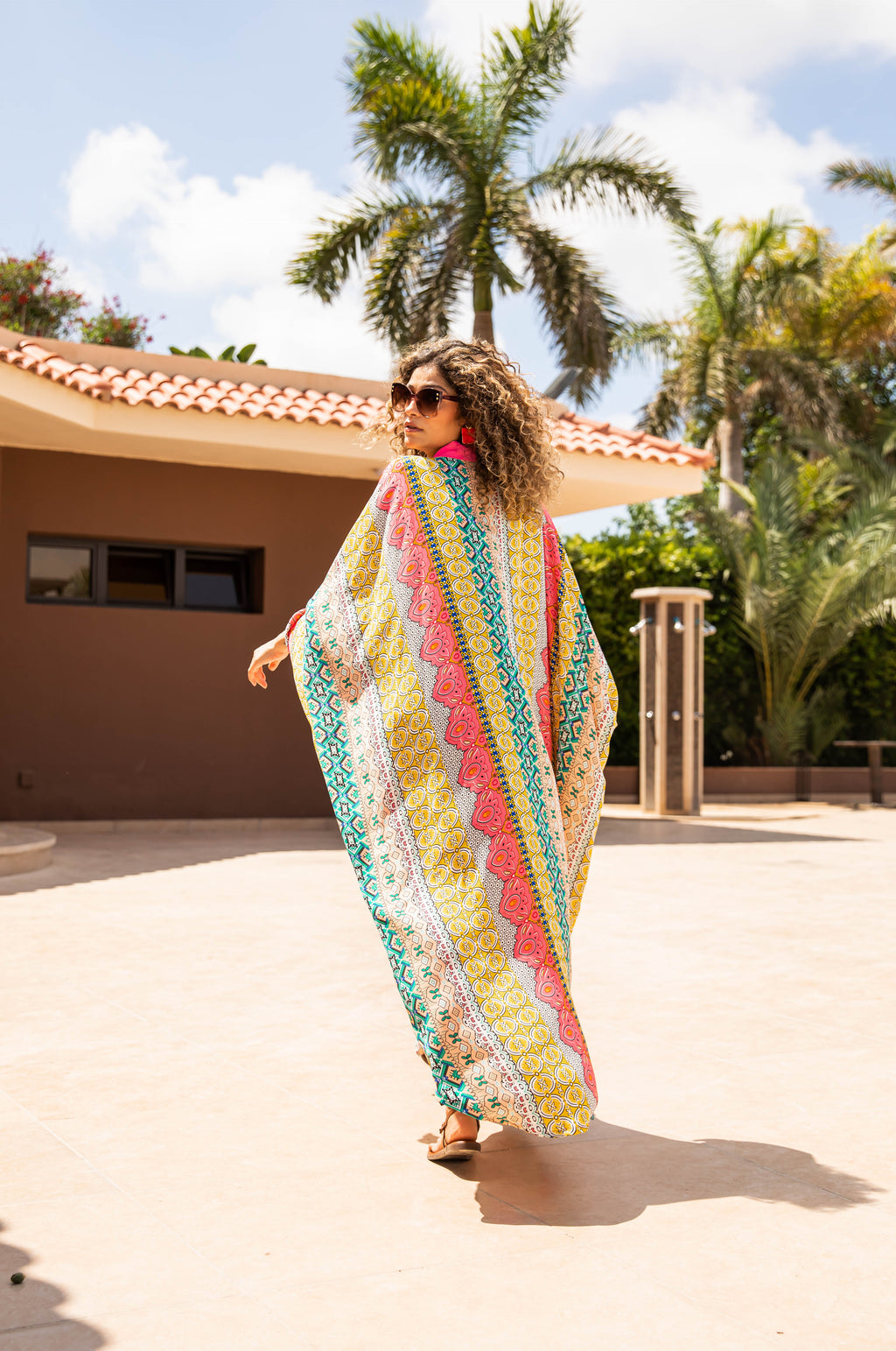 Beach Kimono Kaftan — Pink & Yellow Mosaic Print