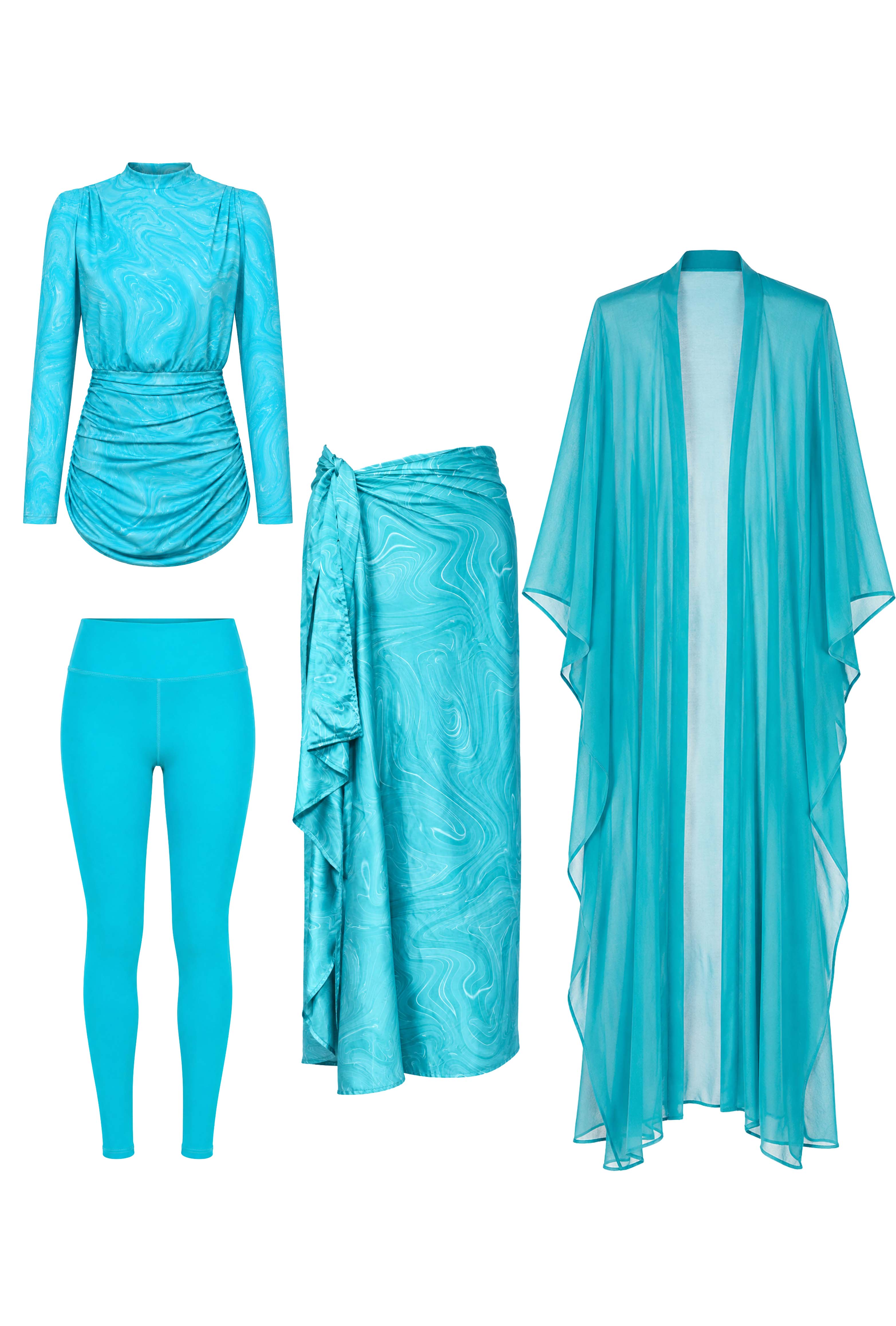 Marble Swirl Modest Swimsuit Set , Cover Up & Kaftan – Turquoise