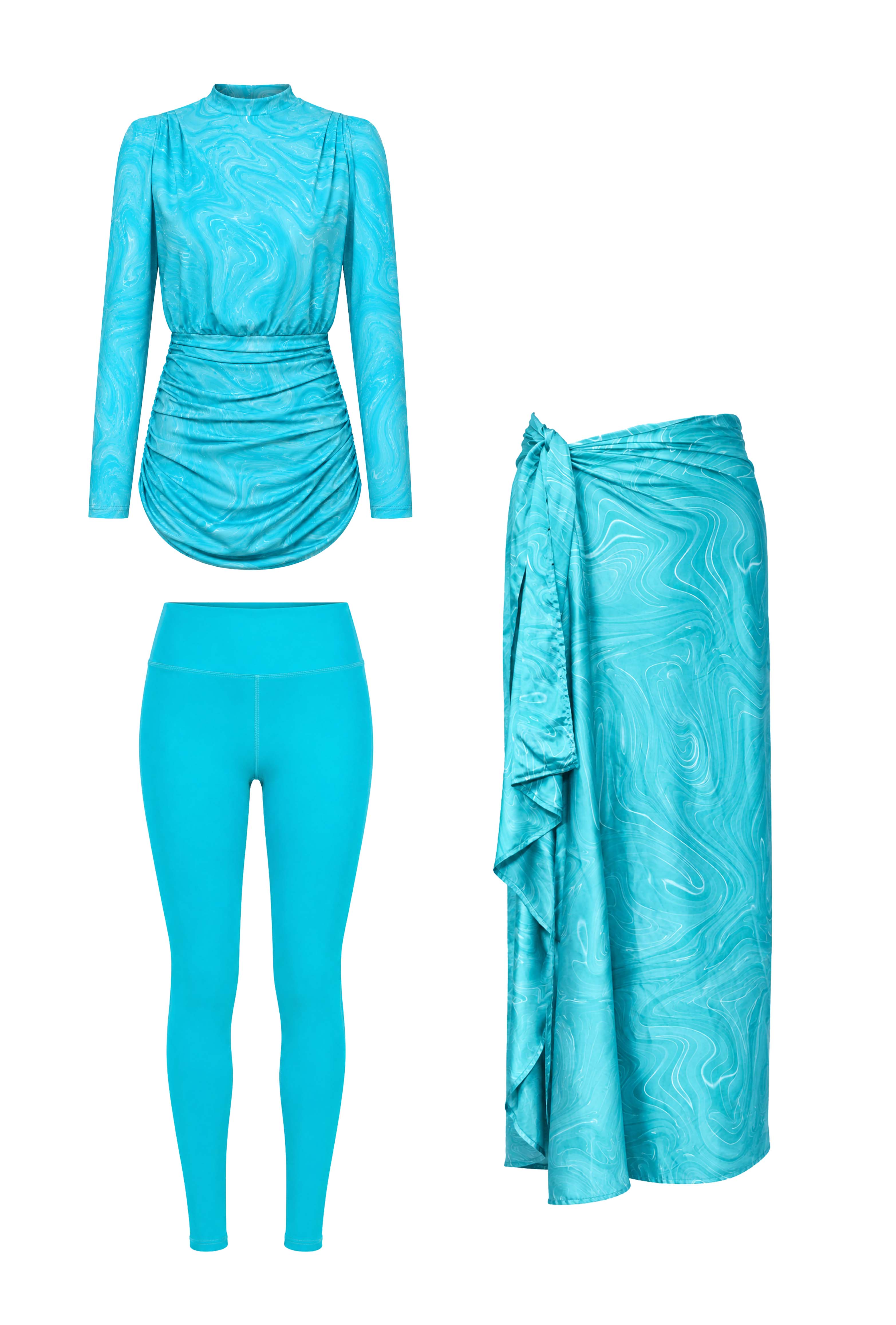 Marble Swirl Modest Swimsuit Set & Cover Up Bundle  – Turquoise