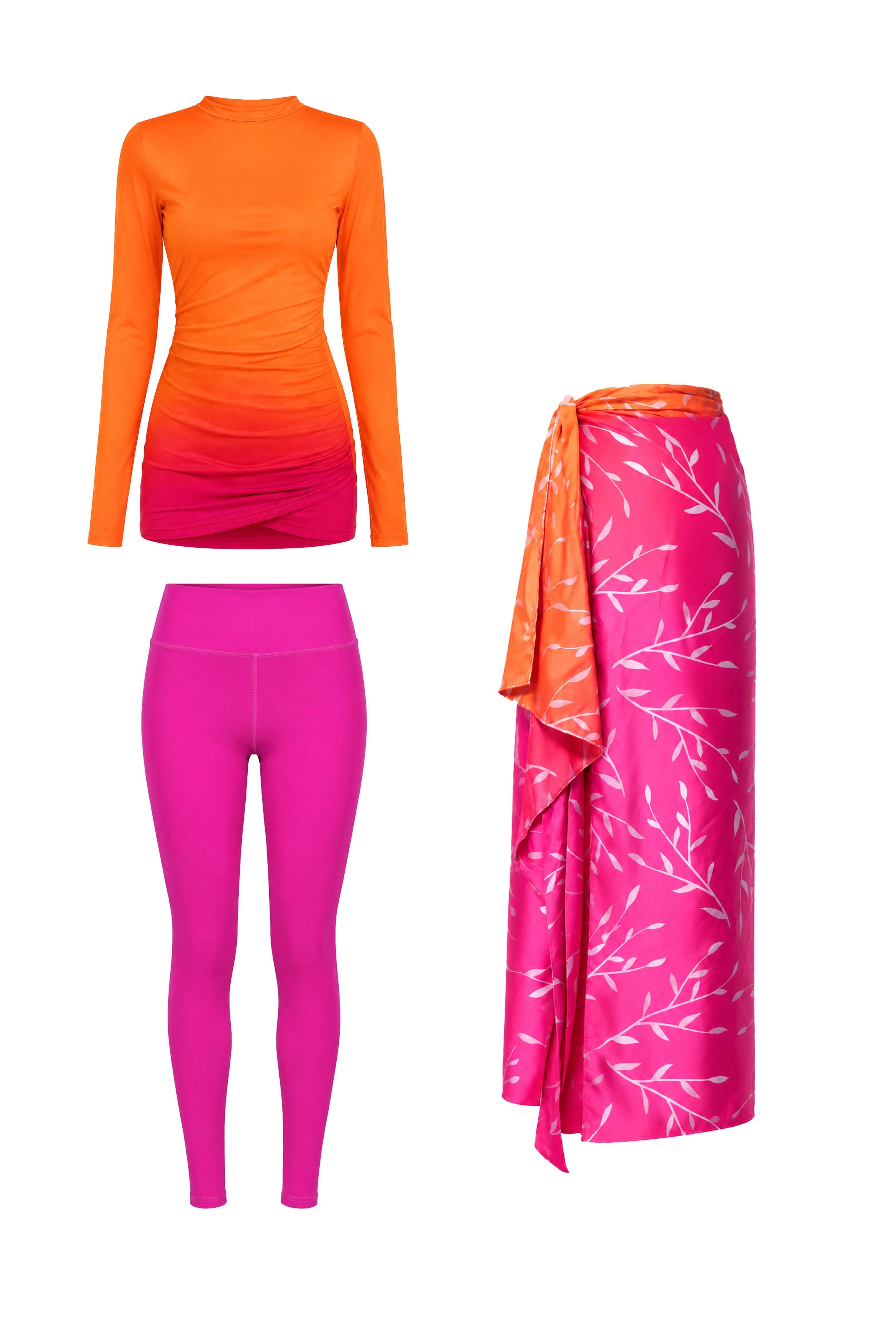 Ombre Ruched Modest Swimsuit Set & Cover Up Bundle– Orange & Pink