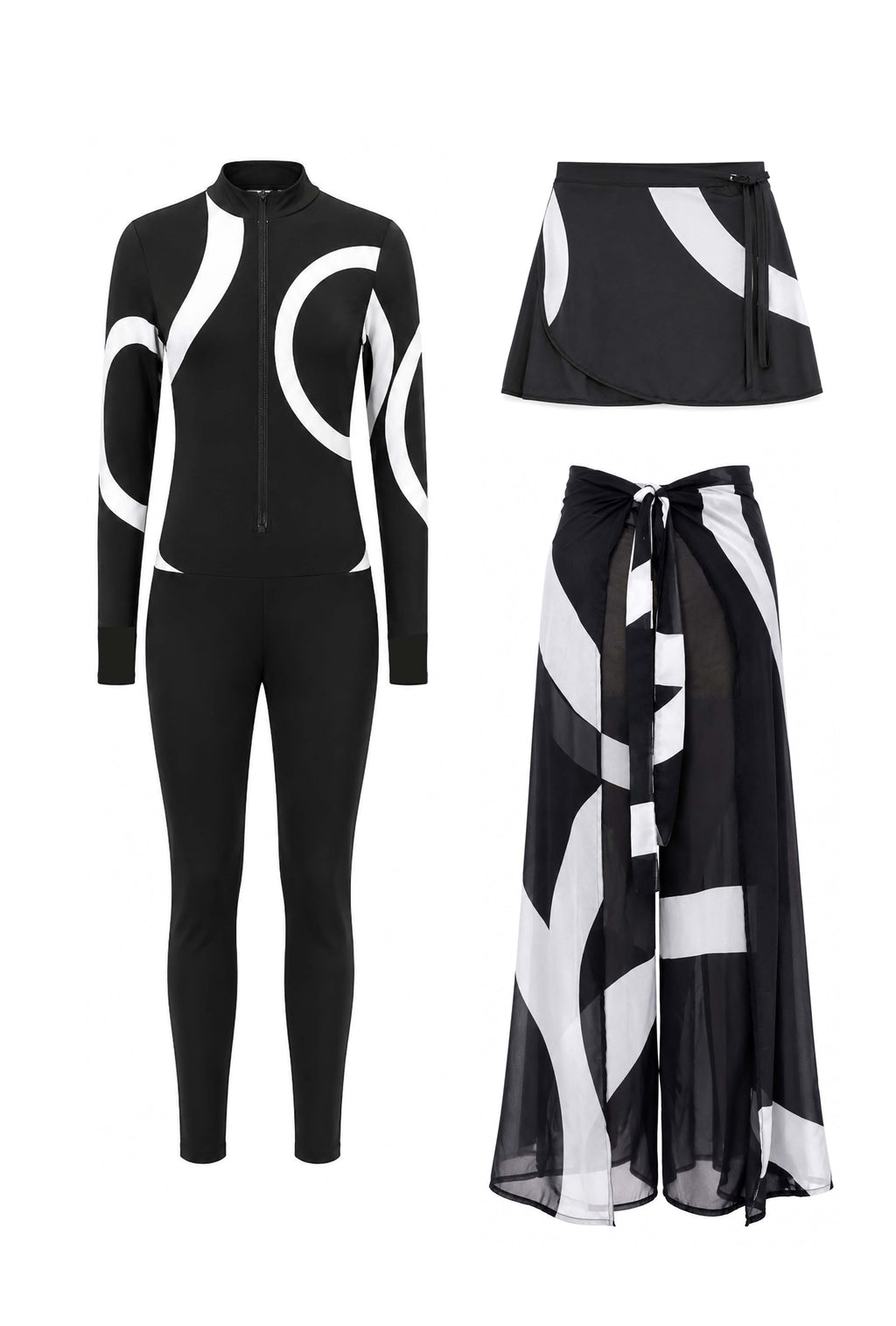 Abstract Geometric Swimwear & Cover-Up Bundle – Black & White
