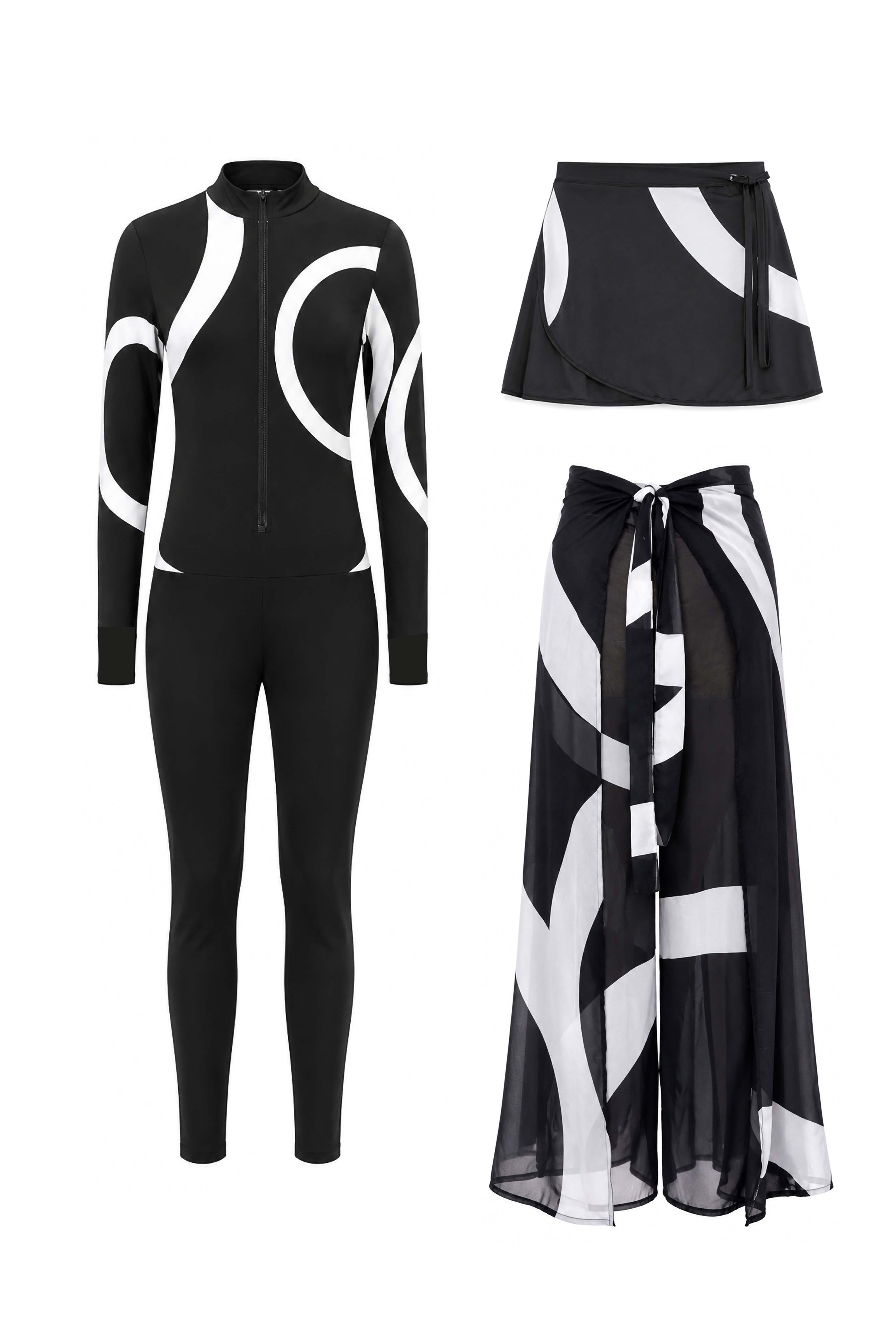 Abstract Geometric Swimwear & Cover-Up Bundle – Black & White