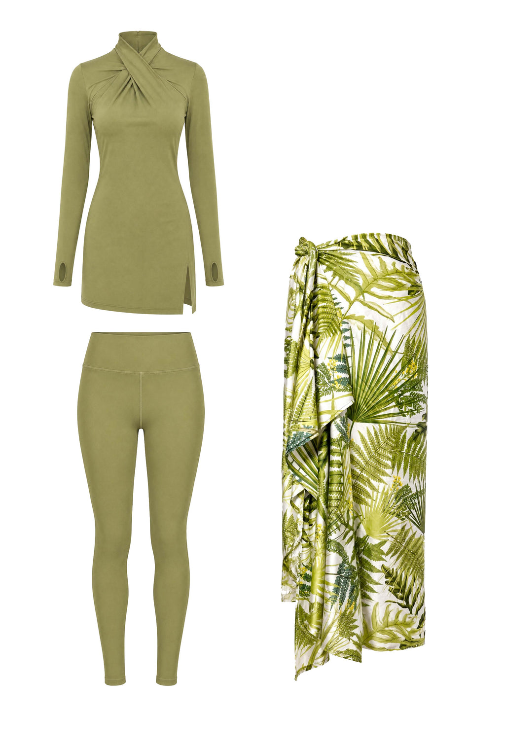 Tropical Palm Modest Swimsuit Set & Cover Up Bundle – Olive Green & White