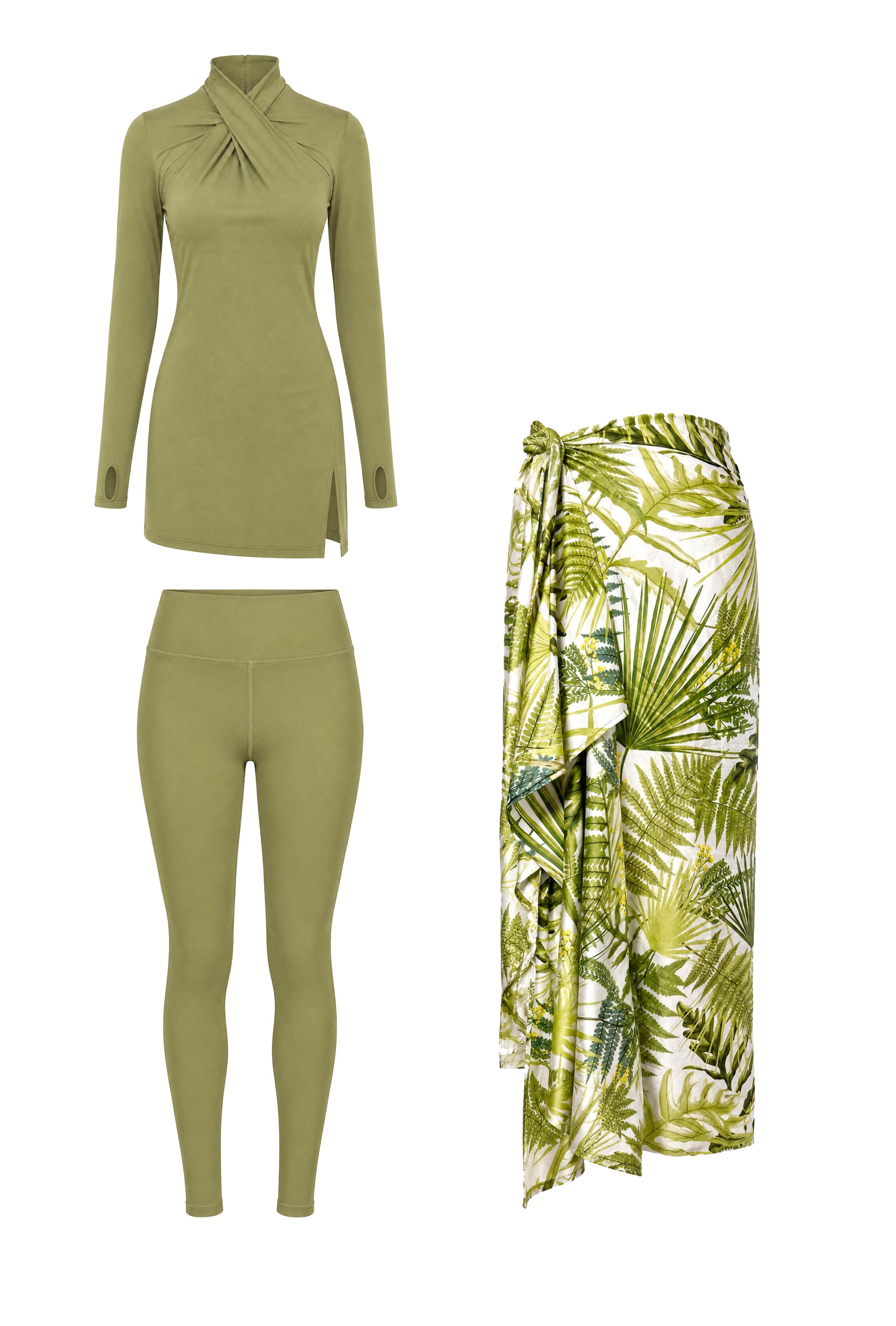 Tropical Palm Modest Swimsuit Set & Cover Up Bundle – Olive Green & White