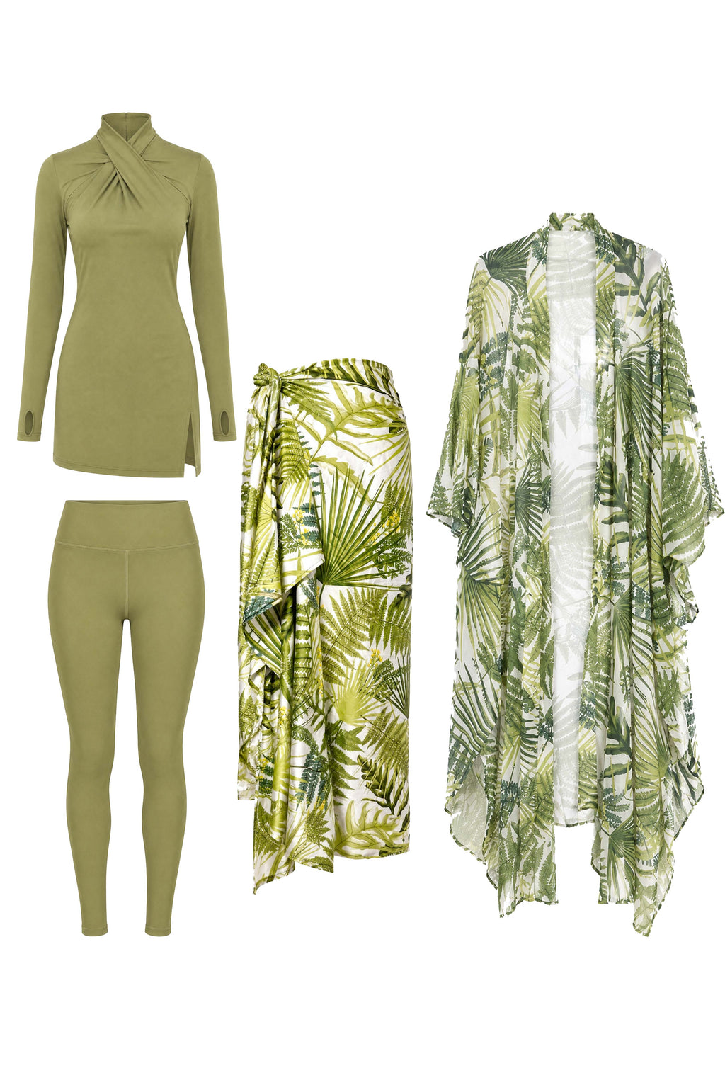 Tropical Palm Modest Swimsuit Set, Cover Up & Kaftan Bundle – Olive Green & White