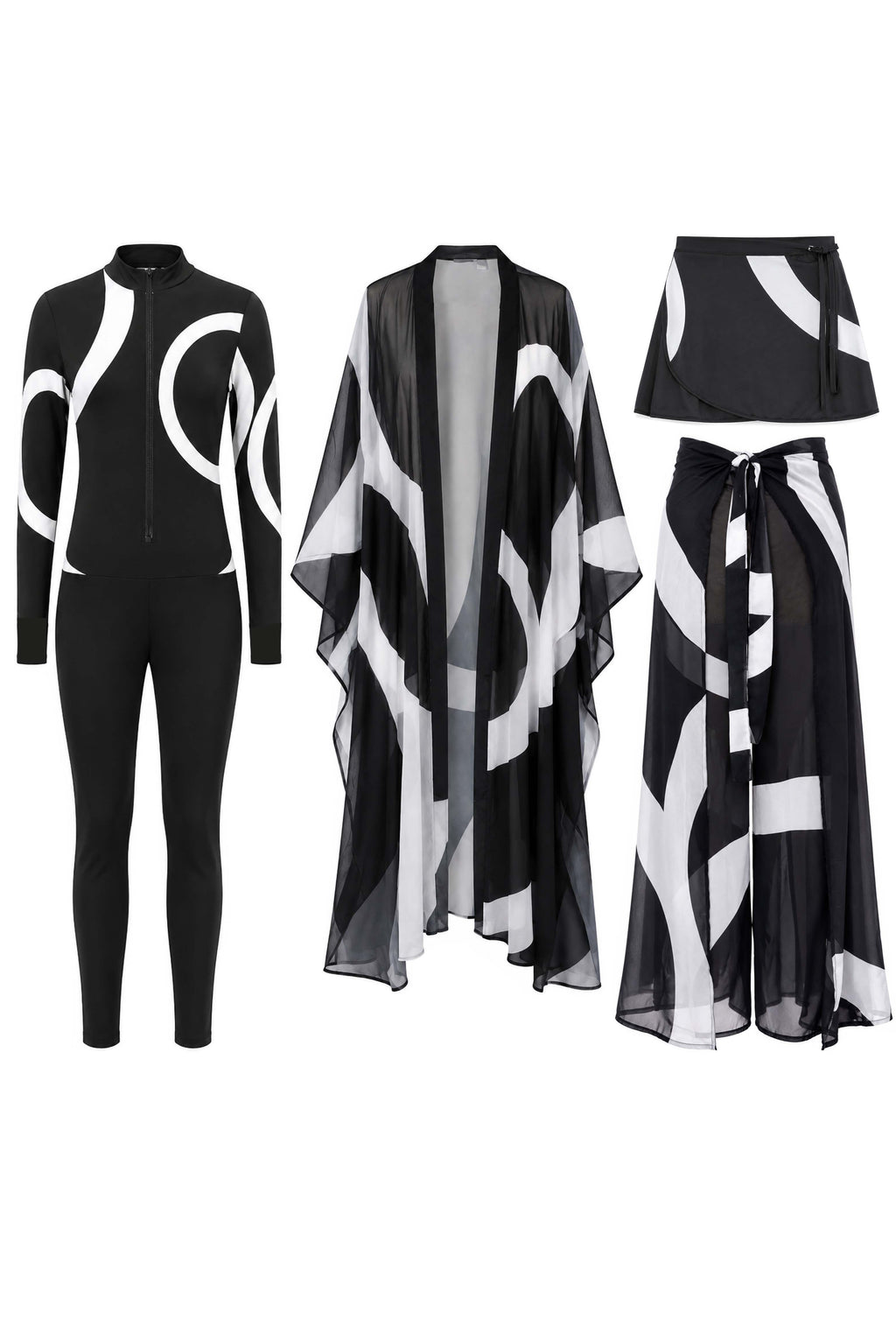 Abstract Geometric Swimwear & Cover-Up Bundle – Black & White