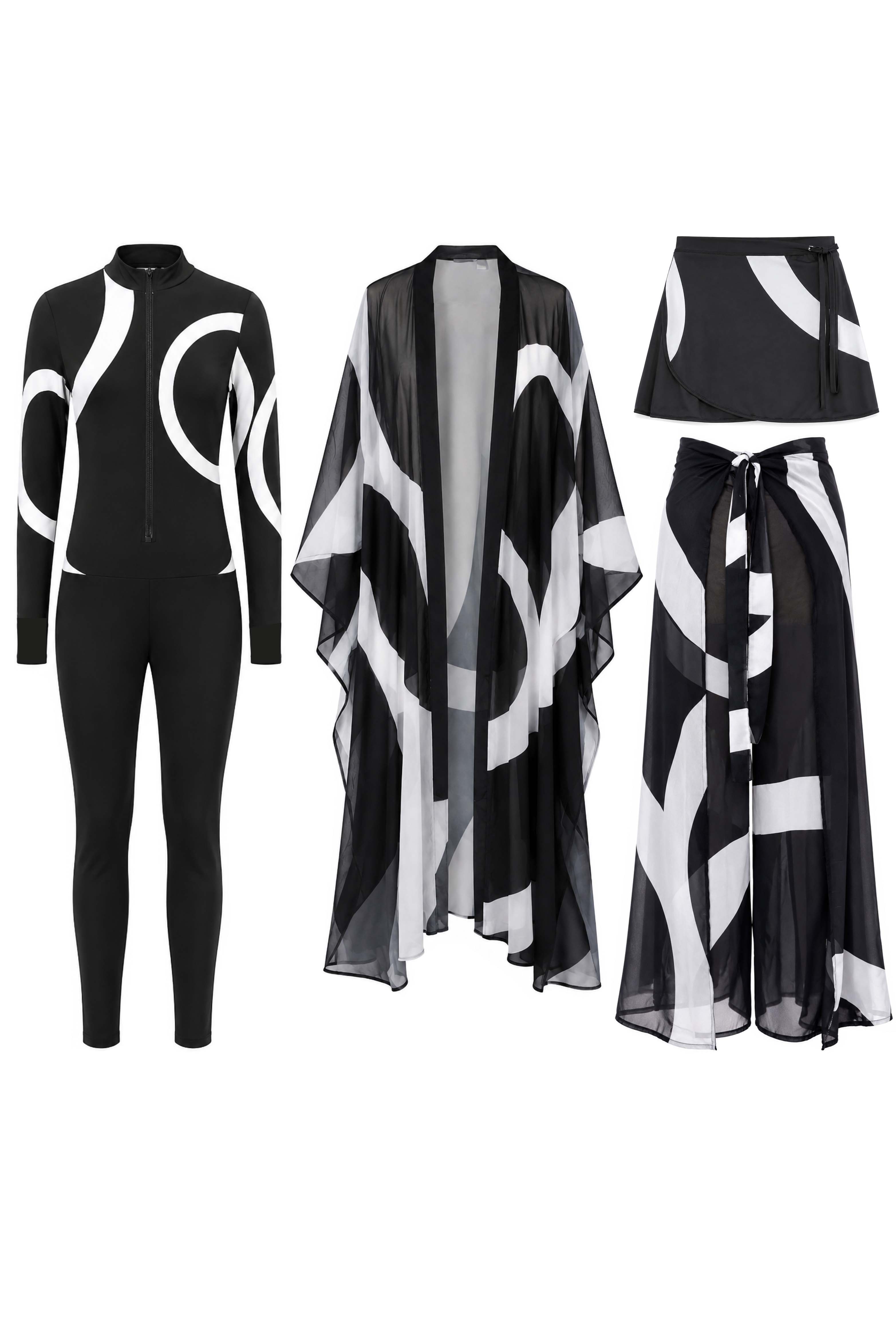Abstract Geometric Swimwear & Cover-Up Bundle – Black & White
