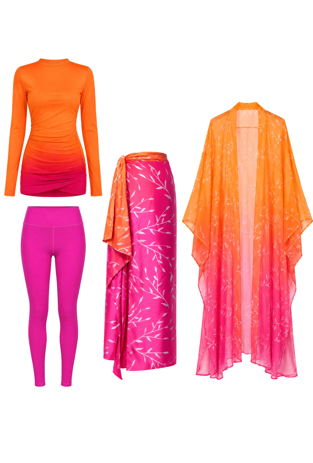 Ombre Ruched Modest Swimsuit Set , Cover Up & Kaftan Bundle– Orange & Pink
